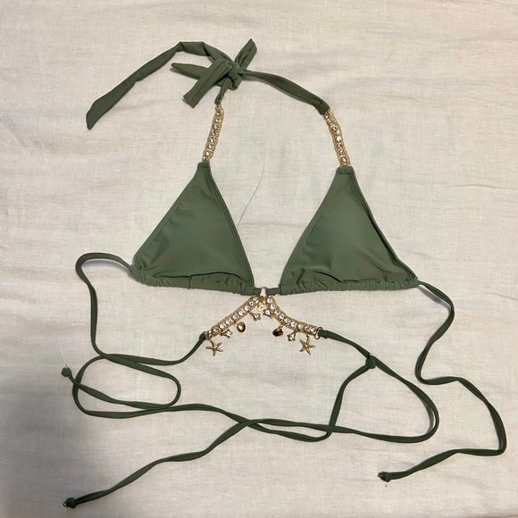 Shein Rhinestone Chain Linked Tie Side Bikini Swimsuit in Army Green (2 pc set) - Picture 5 of 12